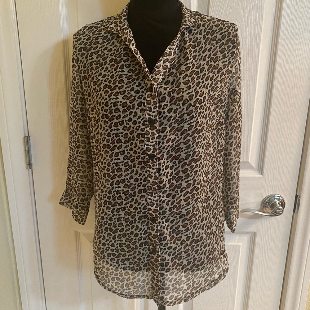 Semi-Sheer Leopard Cheetah Print Button Up Blouse - Picture 5 of 6